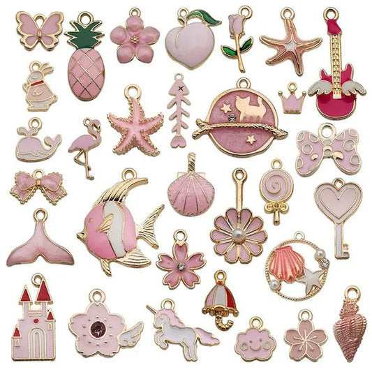 30pcs Mixed Pattern Pink Drop Oil  Fish Flower Horse Enamel Charm DIY Jewelry Bracelet Necklace Pendant Gold Tone Float Finding