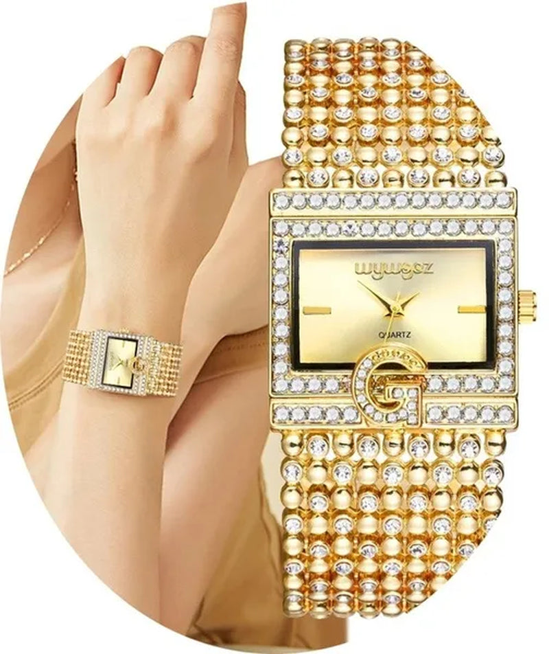 Lucky Bracelets Luxury Ladies Wrist Watch Fashion Full Diamond Gold Stainless Steel Rectangular Female Quartz Watch