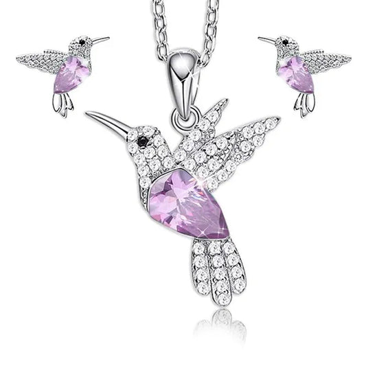 Hummingbird  Silver Jewelry Set Women Pendant Necklace and Stud Earring Set CrystalsFine Animal Jewelry, Gift for Mothers Day