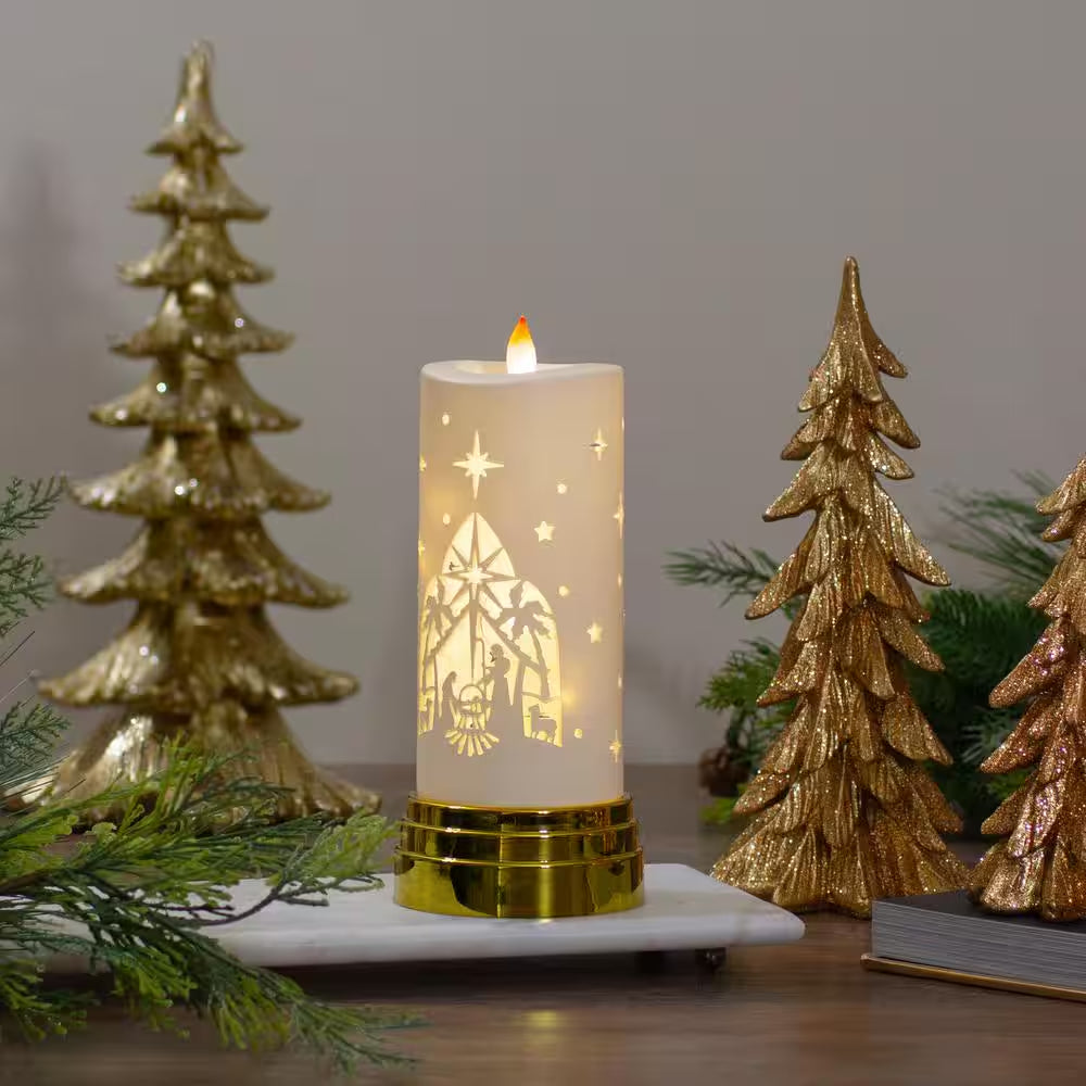 9 In. Gold and White Nativity Scene Flameless Candle