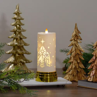9 In. Gold and White Nativity Scene Flameless Candle