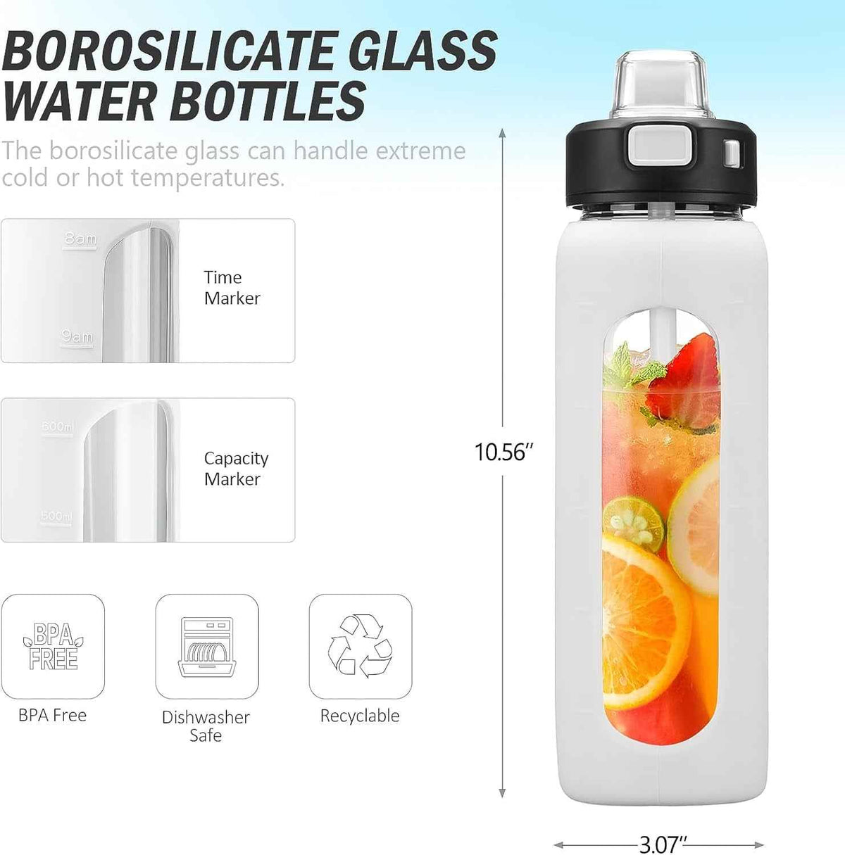 Water Bottle with Straw and Carry Handle, Glass Water Bottle 24 Oz Leak Proof Locking Lid with Soft Silicone Spout, Small Clear Water Bottle, Travel Sports Water Jug, Time Marker, White