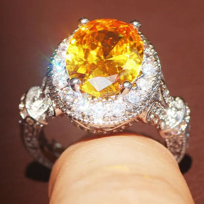 Luxurious  Silver Natural Gemstones Yellow Diamond Topaz Wedding Birthstone Bride Flower Engagement Ellipse Ring Jewelry Size 678910