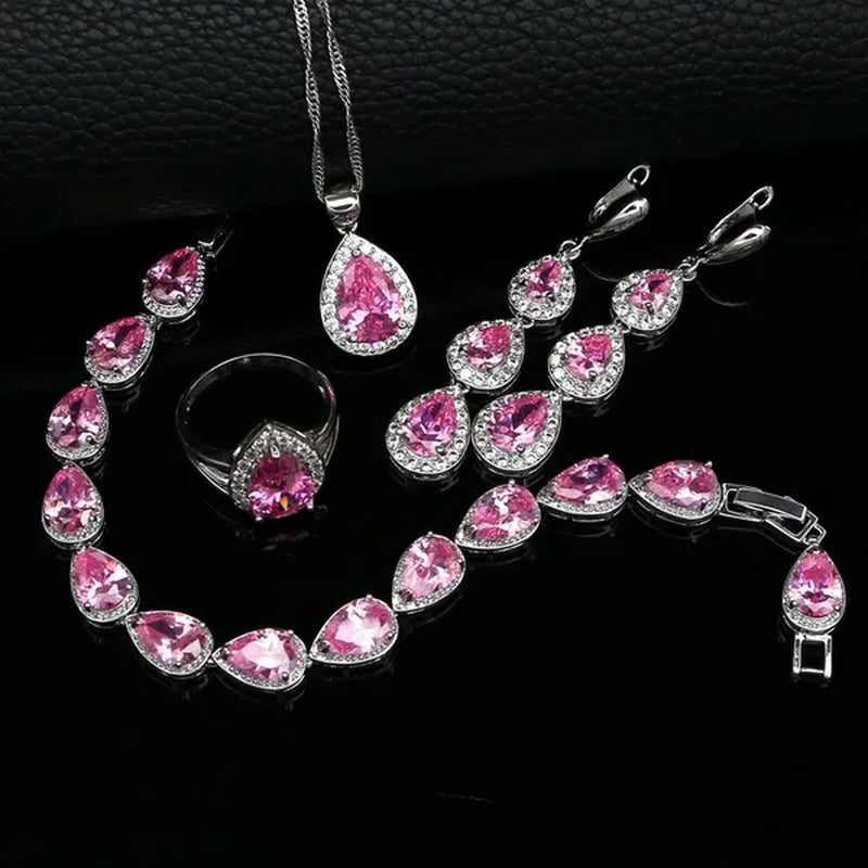 Water Drop 925 Sterling Silver Jewelry Red Ruby White Topaz Jewelry Sets Women Earrings/Pendant/Necklace/Rings/Bracelet