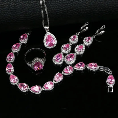 Water Drop 925 Sterling Silver Jewelry Red Ruby White Topaz Jewelry Sets Women Earrings/Pendant/Necklace/Rings/Bracelet