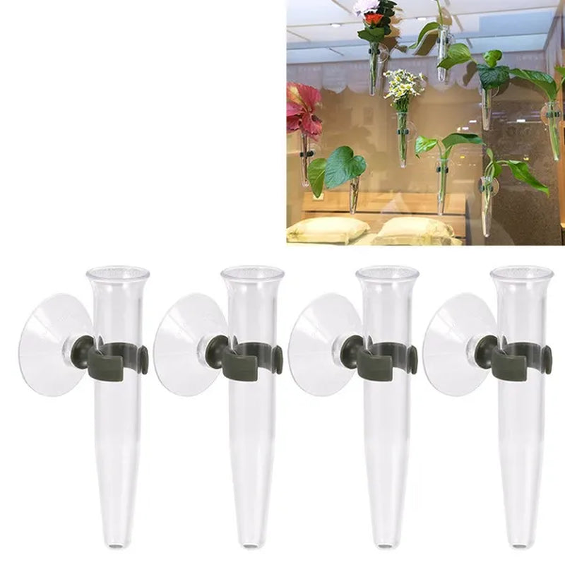 Floral Water Tubes with Suction Cup 0.6" ID 4" Plastic Wall Hanging Vase for Plants Flower Arrangement, Clear Pack of 4