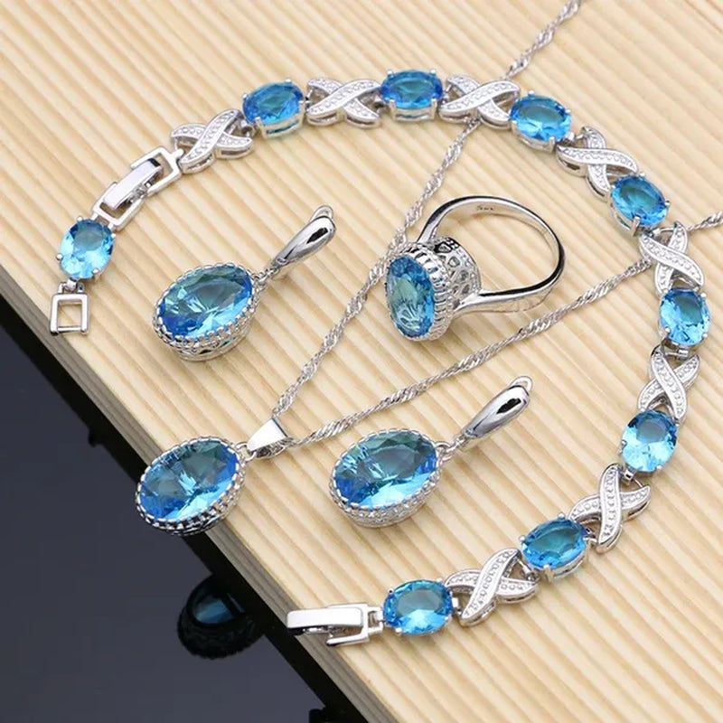 Silver 925 Jewelry Set Sky Blue Sapphire Charm for Women Stones Simple Earrings Rings Bracelet Necklace Set