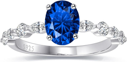 1.5Ct Oval-Cut Created Sapphire Rings 925 Sterling Silver White Gold Plated Blue Oval Engagement Ring for Women Paved Cubic Zirconia Simple Dainty Ring Band Width 2.2Mm Size 7