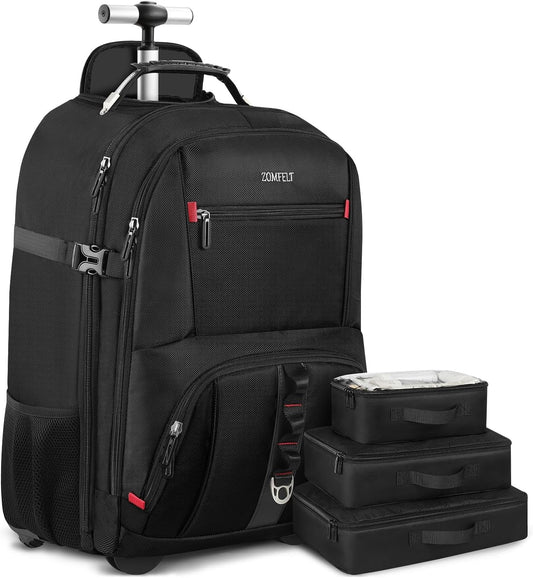 Rolling Backpack, Travel Backpack with Wheels, Carry on Backpacks with 3 Packing Cubes, 17.3 Inch Wheeled Laptop Backpack for Men Women Adults to Travel Work Business Black