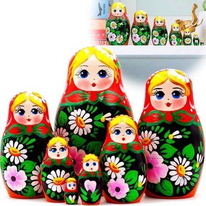 Russian Nesting Dolls Set of 7 Pcs - Matryoshka Doll with Hand Painted Bouquet of Lily and Daisy Flowers - Flower Summer Decorations