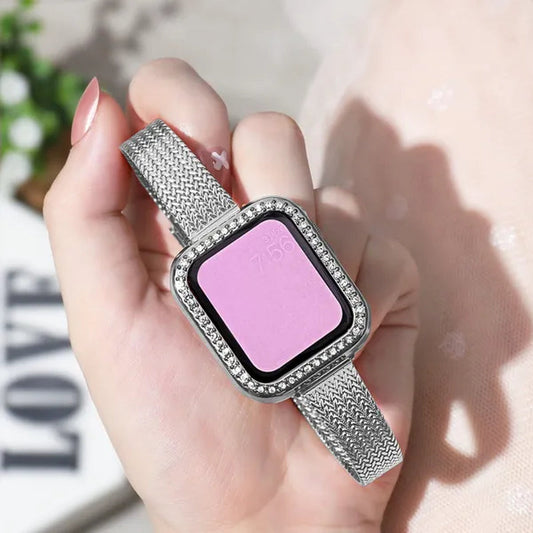 Slim Metal mesh belt Loop+Diamond Case for Apple Watch 7 Band 42mm 44mm Women's Strap on Smart Iwatch Bracelet Series 7 SE 65432 41mm 45mm
