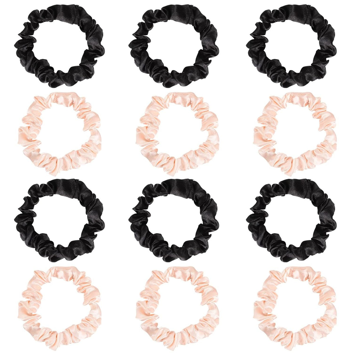 12Pcs Satin Elastic Hair Scrunchies, Silk Satin Hair Ties Elastics Ponytail Holders for Women Girls Valentine'S Day Gifts (Blush,Black)
