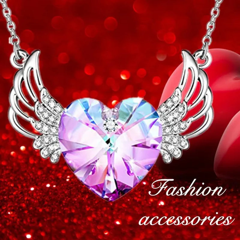 Luxury Fashion Women's Diamond Wings Heart Crystal Necklace Angel Wings Diamond Pendant Wedding Necklace Women's Princess Jewelry Birthday  Anniversary Gift