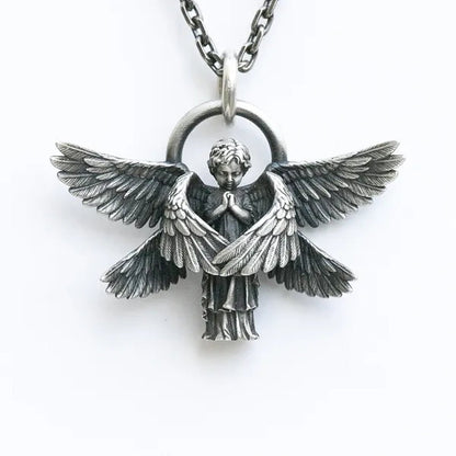 925 Sterling Silver Classic Angel Pendant Necklace Handmade Seraphim Pray Pendant Long Chain Neck for Men Women Jewelry