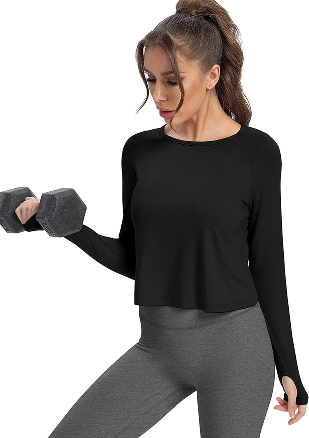 Long Sleeve Athletic Workout Shirts Sports Yoga Gym Crop Tops for Women