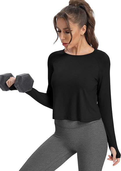 Long Sleeve Athletic Workout Shirts Sports Yoga Gym Crop Tops for Women