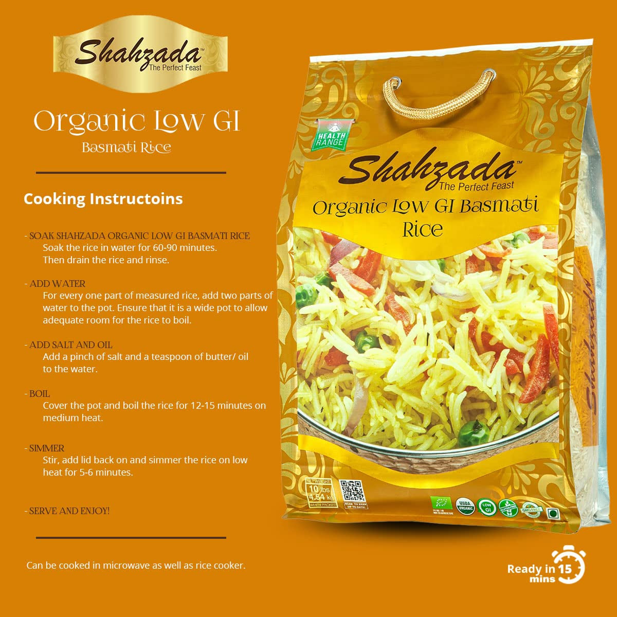 Diabetic Friendly, Specially Processed Basmati Rice 10 Lbs | Low G.I. Index Value, 100% USDA ORGANIC Certified Rice, Extra Long Grain, Vegan NON-GMO, Vegan, Gluten, Soy, Egg Free, Resealable Zip-Lock Bag to Seal Freshness-Tradition of Quality |10 Pound Pa