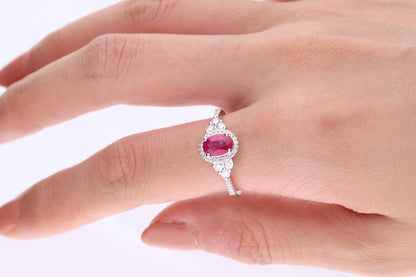14K White Gold Mozambique Genuine Ruby Ring with Diamonds for Women | Ethically, Authentically & Organically Sourced (Oval-Cut) Shaped Ruby Hand-Crafted Jewelry for Her | Ruby Ring for Women
