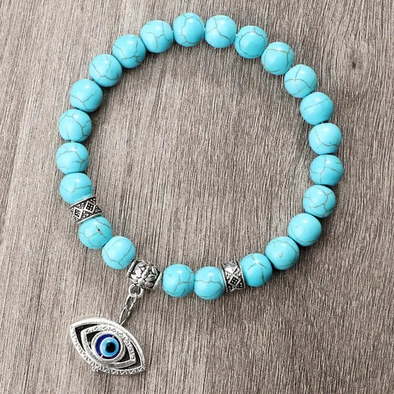 Turkey Evil Eye Beaded Bracelets Butterfly Buddhist Palm Hand Owl Turtle Alloy Pendant Bracelet Women Men Lucky Stretch Bangles Jewelry