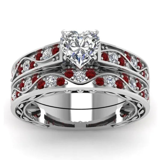 Exquisite Heart White Sapphire Wedding Ring Ruby Bridal Engagement Ring Set Wedding Band Anniversary Promise Jewelry Gift