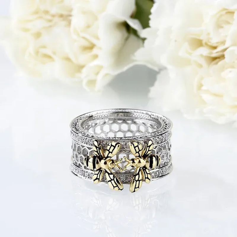 Unique Two Bee Honeycomb Sterling Silver Women's Band Natural White Sapphire Diamond Ring Women's Anniversary Christmas Gift Size 5-11