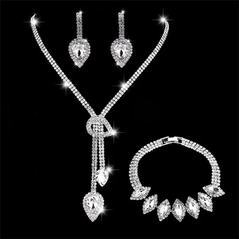 Women's Jewelry Set Rhinestone Crystal Bride Statement Choker Necklace Tiara Crown Link Bangle Bracelet Teardrop Dangle Earrings Set for Wedding Party Silver Plated White Crystal Necklace Earrings Bracelet