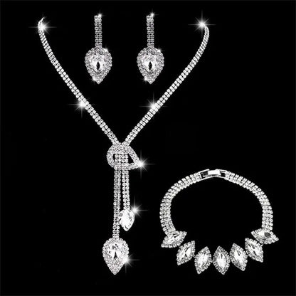 Women's Jewelry Set Rhinestone Crystal Bride Statement Choker Necklace Tiara Crown Link Bangle Bracelet Teardrop Dangle Earrings Set for Wedding Party Silver Plated White Crystal Necklace Earrings Bracelet