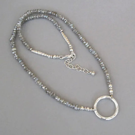 Mystic Labradorite Necklace Sterling Silver Hammered Circle of Life DJStrang Boho Gemstone Wedding Bride Bridesmaid Gift Sundance Style