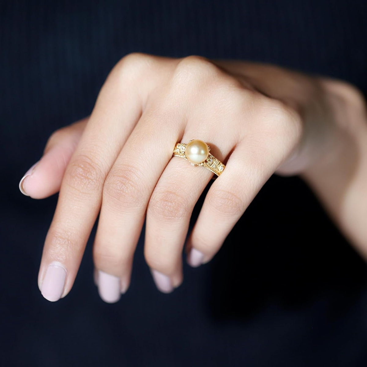 Real Golden Pearl Diamond Engagement Ring, AAA Quality, South Sea Pearl Flower Ring - Ready to Gift