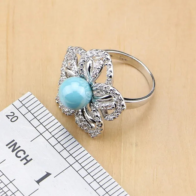 Flower 925 Silver Jewelry Set Blue Pearl With Beads Pendant Drop Earrings Rings Necklace  For Women