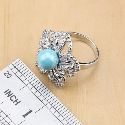 Flower 925 Silver Jewelry Set Blue Pearl With Beads Pendant Drop Earrings Rings Necklace  For Women
