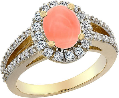 14K Yellow Gold Natural Coral Halo Ring Oval 8X6 Mm with Diamond Accents, Sizes 5-10