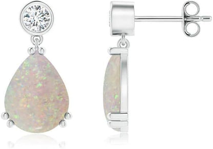 Natural Opal Drop Earrings for Women Girls in Sterling Silver/14K Solid Gold/Platinum | October Birthstone Jewelry Gift for Her | Birthday | Wedding | Anniversary