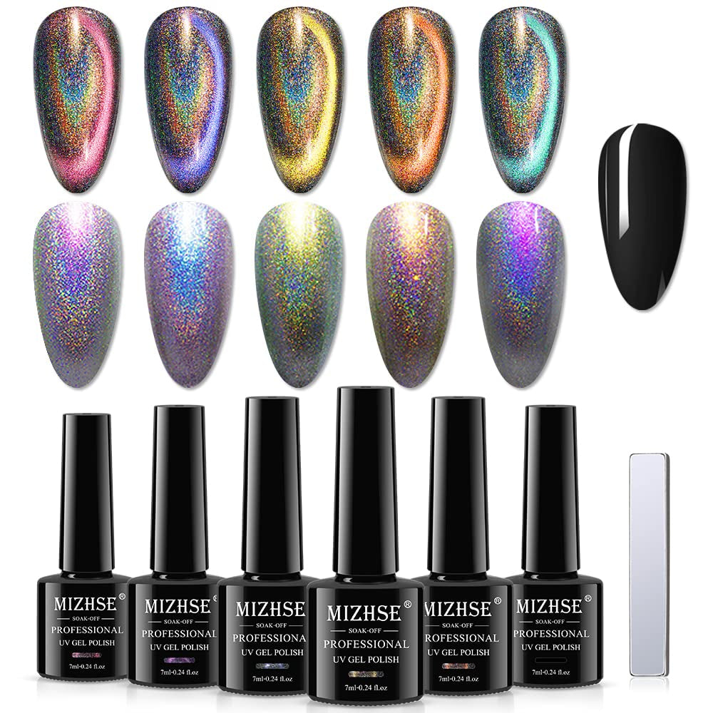 9D Cat Eye Gel Nail Polish, Magnetic Cat Eye Gel Polish Set, 10ml*6 with 2 Magnets, Classic Colors Chameleon Magic Galaxy Effect Soak off Nail Art - Sparkle Stunning Gel Polish Gift for Women