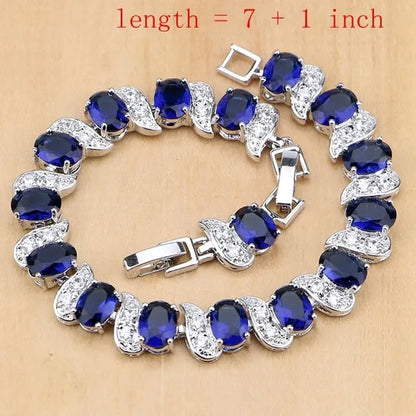 925 Silver Jewelry Sets Blue Sapphire White Topaz Open Rings Earrings Pendant Necklace Bracelet For Bridal  Women