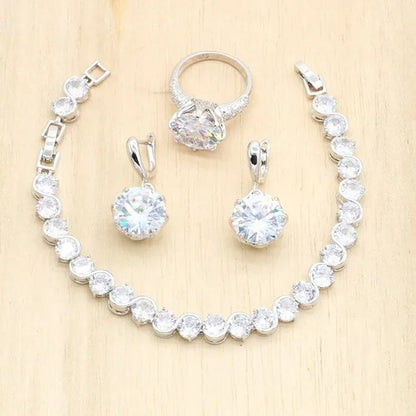 Royal Blue Stones Silver Color Jewelry Sets for Women Necklace Earrings Bracelet Ring Bridal Birthday Gift