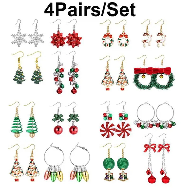 4 Pairs Christmas Earrings for Women Girls Christmas Bell Light Bulbs Hoop Earrings Christmas Tree JingleBall Snowflake Bow Flower Elk Dangle Earrings Christmas Party Jewelry Set Gift