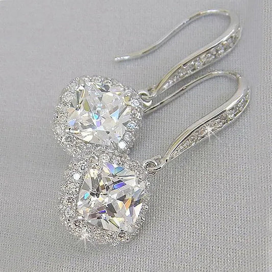 1 Pair Fashion White Sapphire Drop Earrings Bridal Wedding Ring Engagement Jewelry Princess Square Cut Moissanite Earrings White Diamond Crystal Earrings Anniversary Jewelry Lover's Gift