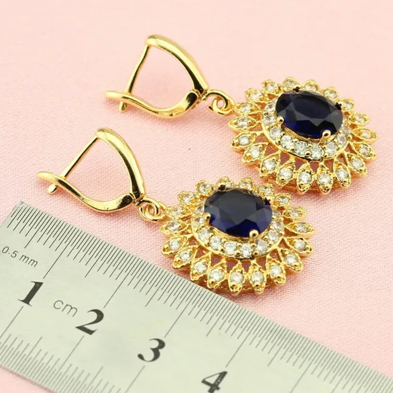 Women's Fashion Flower Shaped Gold Color Jewelry Sets Blue Zircon Earrings Pendant Rings Bracelet