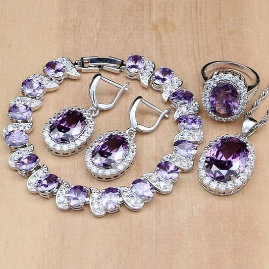 925 Sterling Silver Bridal Jewelry Purple Amethyst White Zircon Jewelry Sets For Women Wedding Earrings/Pendant/Necklace/Ring/Bracelet