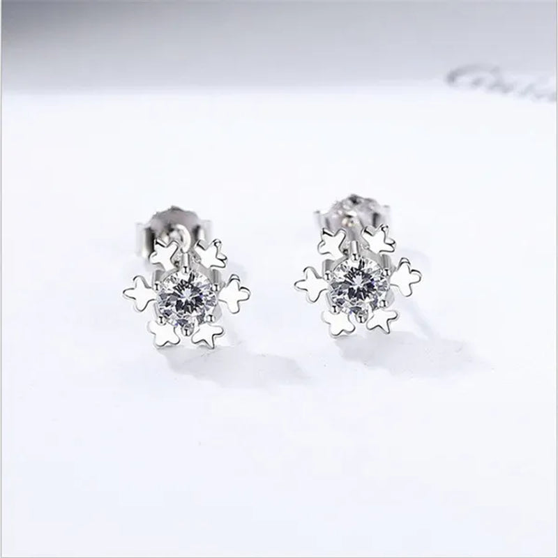 Romantic Snowflake Earrings 14K White Gold 7mm Diamond Embellishment Flower Ear Studs Christmas Decor Gifts