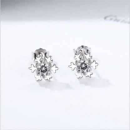 Romantic Snowflake Earrings 14K White Gold 7mm Diamond Embellishment Flower Ear Studs Christmas Decor Gifts