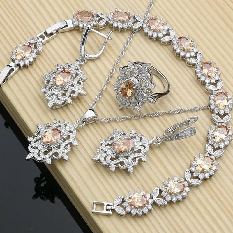 Romantic Women Anniversary Silver 925 Jewelry Sets Sapphire Amethyst Garnet Emerald Gemstone Fashion Necklace Set