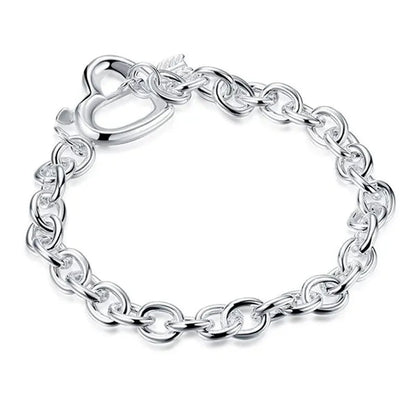 New 925 Sterling Silver Through Heart Bracelet Bangle for Men Women Fashion Party Wedding Jewelry Valentine's Gift