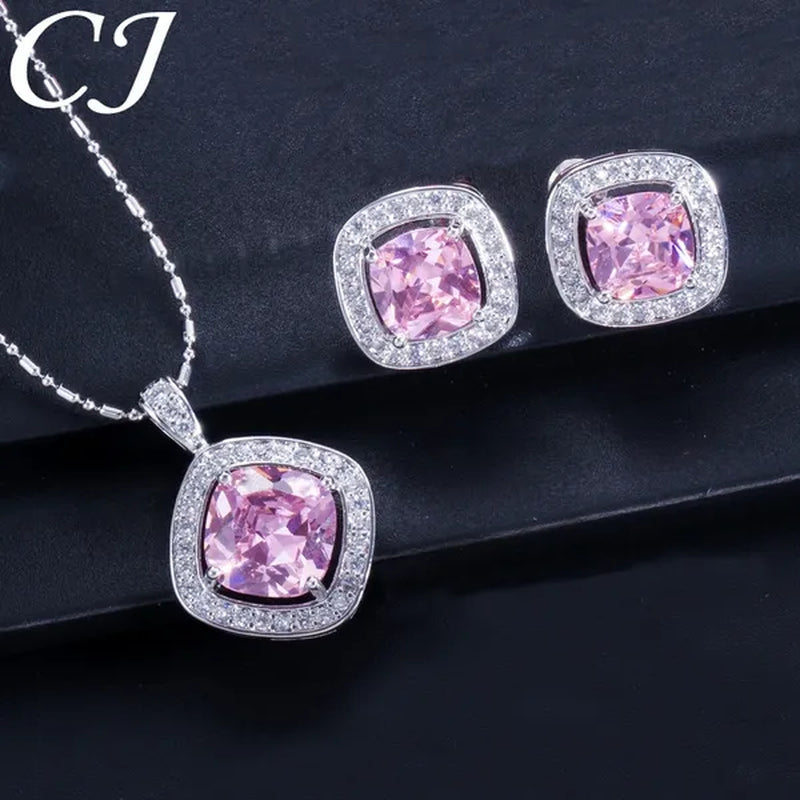 CANDICE Brand Design Luxury Wedding Jewelry Sets Sterling Silver Plated Necklace Earrings Set Inlay Big Pink Princess Crystal For Birdesmaid