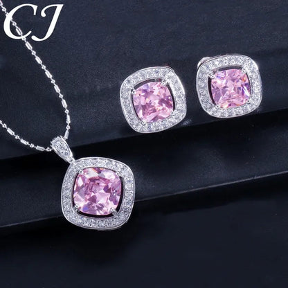 CANDICE Brand Design Luxury Wedding Jewelry Sets Sterling Silver Plated Necklace Earrings Set Inlay Big Pink Princess Crystal For Birdesmaid