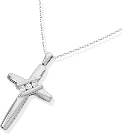 10K Diamond Three-Stone Cross Pendant Necklace Religious Jewelry (0.05Cttw, I-J/I2-I3) 18"