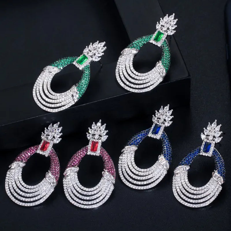 CANDICE Luxury Jewelry Setting Blue Cubic Zircon Silver Plated Statement Trendy Hollow Carved Earrings for Women Brincos