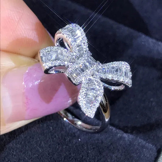 New Luxury Temperament Women Accessories Bow Ring  Romantic Wedding Birthstone Ring Anniversary Gift Princess Engagement Diamond Ring Jewelry