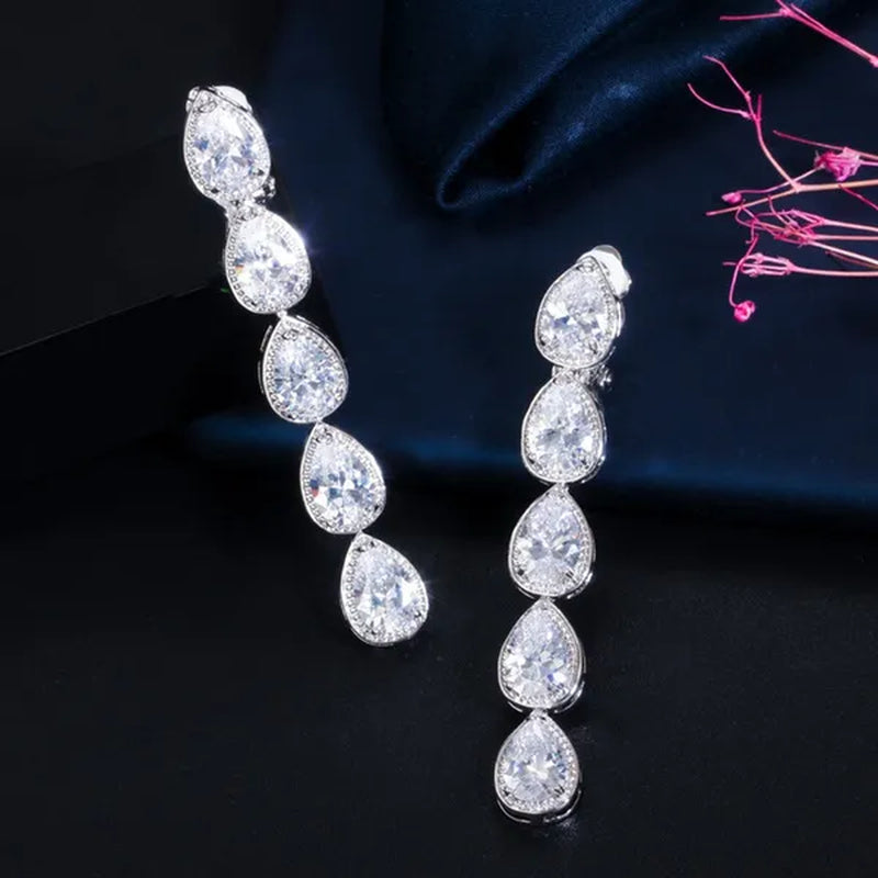 CANDICE Long Water Drop Dangling Jewelry Pave Clear Cubic Zirconia Crystal Female Non Pierced Wedding Clip on Earrings